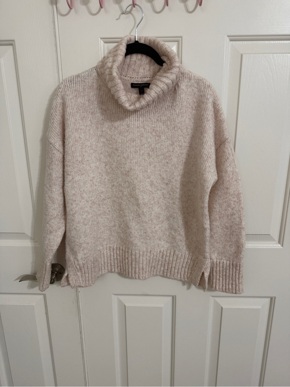 Banana Republic Petite L Cream Blush Marled Cowl Neck Sweater Split Hem Cropped
